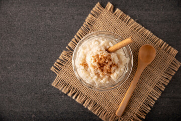 Rice pudding. Sweet dish made by cooking rice in milk and sugar, some recipes include cinnamon,...