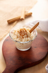 Rice pudding. Sweet dish made by cooking rice in milk and sugar, some recipes include cinnamon, vanilla or other ingredients, it is a very easy dessert to make and very popular all over the world.
