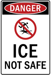 Ice warning sign and labels ice not safe