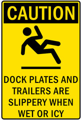 Ice warning sign and labels dock plate and trailer are slippery when wet