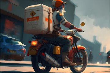 Delivery biker on the route to a destination. Generative AI.
