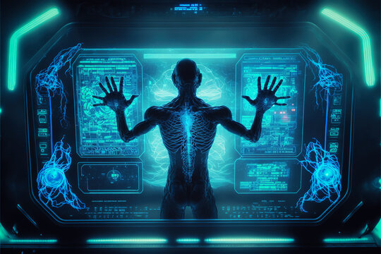 Humanoid alien works with futuristic control panel, virtual interface, generative AI