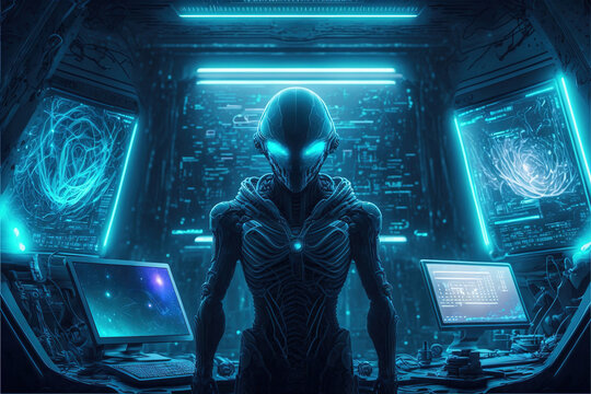 Humanoid alien astronaut stands by futuristic control panel, scary cyborg in spaceship command post. Concept of extraterrestrial, technology, space.