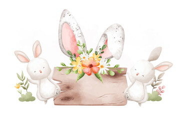 Watercolor Illustration Easter rabbits and wooden board