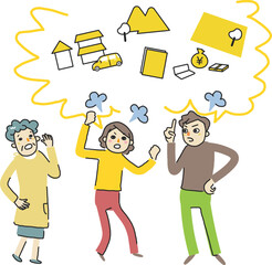 相続について言い争うきょうだいと困った表情の母親　　イラスト素材
