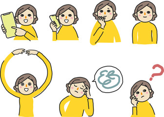 様々な表情のミドルの女性　表情集　セット　イラスト素材
