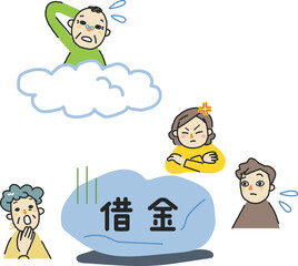 負の相続を残されて驚いたり怒ったりしている遺族と天国でよわった表情の父親　イラスト素材
