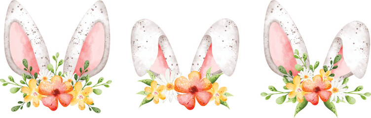 Watercolor Illustration set of Easter Rabbit ear with flower wreath