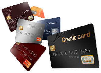 Here are generic, mock (safe to publish)  credit cards in a group that seem to be floating and flying across the page. - obrazy, fototapety, plakaty