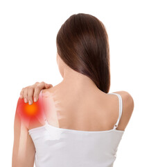 Arthritis symptoms. Woman suffering from pain in her shoulder on white background, back view