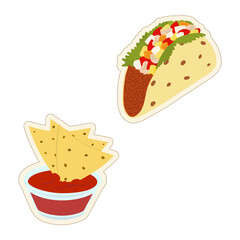 Set of Mexican food nachos and tacos stickers. Latin American cuisine. Fast food. Sticker. Icon
