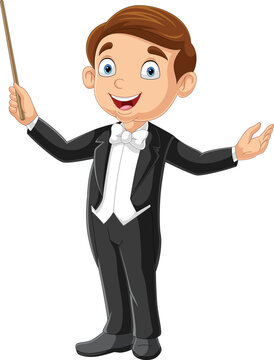 Cartoon boy conductor directing with baton