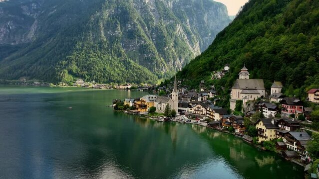 Hallstatt mountain village in Austria, drone view of famous Austrian historic town of Hallstatt, idyllic Alpine village in the European Alps