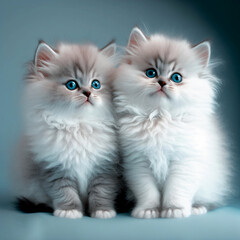 Fototapeta na wymiar two persian white fluffy and lovely kittens with blue eyes on blue background.