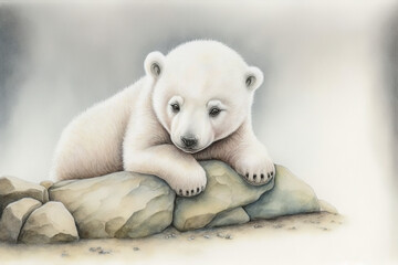Obraz premium Baby polar bear lying down watercolor, Generative AI
