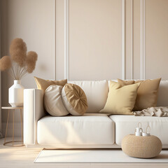 living room sofa with soft colors, interior decoration concept, Generative AI	