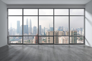 Obraz na płótnie Canvas Downtown Kuala Lumpur City Skyline Buildings from High Rise Window. Beautiful Expensive Real Estate overlooking. Empty room Interior Skyscrapers View Malaysia. Day time. 3d rendering.