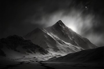 Beautiful Moody Black and White Image of Misty Shrouded Mountain Peak, Generative AI