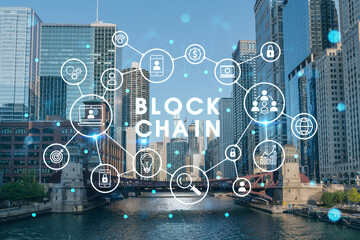 Panorama cityscape of Chicago downtown and Riverwalk, boardwalk with bridges at day time, Chicago, Illinois, USA. Decentralized economy. Blockchain, cryptography and cryptocurrency concept, hologram