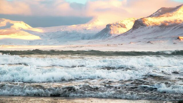 Icelandic Fjords During Sunset. Ocean Coast With Snow Covered Mountains. Winter Landscape in the North Europe Country. Landscape in Iceland. Shot in 8k Resolution 4320p
