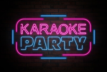 Glowing neon sign with words Karaoke Party on brick wall