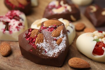 Tasty chocolate heart shaped candies with nuts, closeup