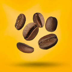 Many roasted coffee beans falling on yellow background