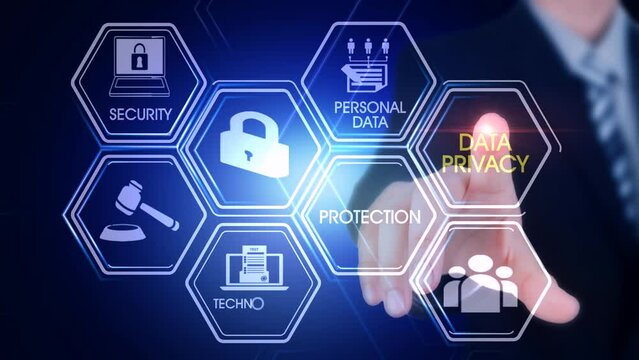 Data_privacy Hexagonal Touch Screen Concept Hexagonal virtual Touch Screen Concept with man touching screen with finger and light streak