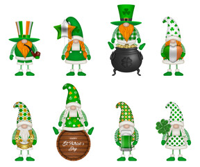 set of funny saint patrick's day gnomes with irish elements