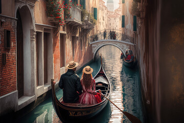 Couple in a gondola ride on a serene canal in Venice, Italy, generative ai - obrazy, fototapety, plakaty