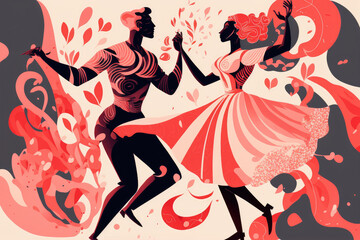 illustration of a couple dancing, featuring a pink and red color scheme, generative ai