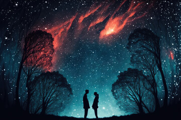 Obraz premium Romantic couple under a starry sky, holding hands and looking into each other's eyes, generative ai