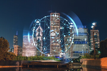 Chicago downtown area city view, Millennium Park area, night time, Illinois, USA. Skyscrapers, financial district. Social media hologram. Concept of networking and establishing new people connections