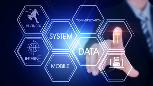 It Hexagonal Touch Screen Concept Hexagonal virtual Touch Screen Concept with man touching screen with finger and light streak