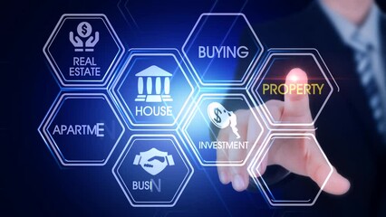 Property Hexagonal Touch Screen Concept Hexagonal virtual Touch Screen Concept with man touching screen with finger and light streak