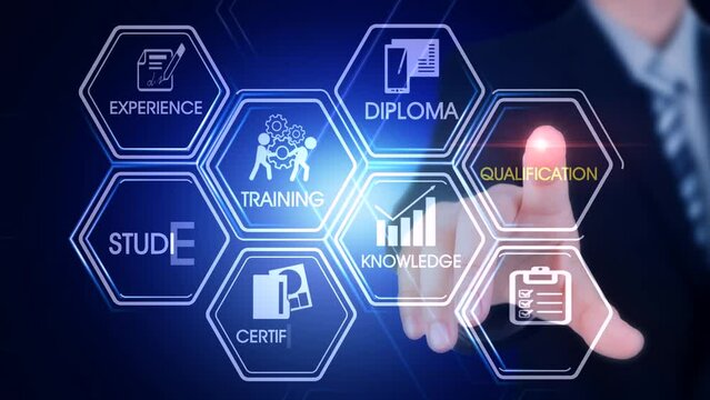 Qualification Hexagonal Touch Screen Concept Hexagonal virtual Touch Screen Concept with man touching screen with finger and light streak