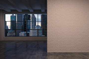 Downtown Seattle City Skyline Buildings from High Rise Window. Beautiful Expensive Real Estate overlooking. Empty room Interior. Mockup wall. Skyscrapers Cityscape. Sunset. USA. 3d rendering