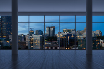 Fototapeta premium Empty room Interior Skyscrapers View. Cityscape Downtown Seattle City Skyline Buildings from High Rise Window. Beautiful Real Estate. Night time. 3d rendering.