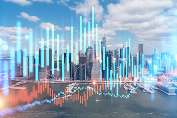 Fototapeta na wymiar Skyscrapers Cityscape Downtown View, New York Skyline Buildings. Beautiful Real Estate. Day time. Forex Financial graph and chart hologram. Business education concept.