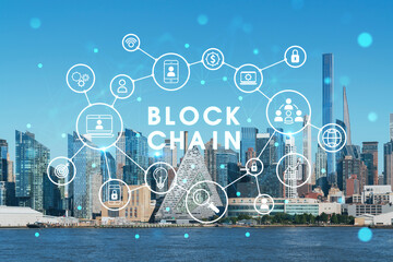 New York City skyline from New Jersey over the Hudson River towards Midtown Manhattan at day time. Decentralized economy. Blockchain, cryptography and cryptocurrency concept, hologram