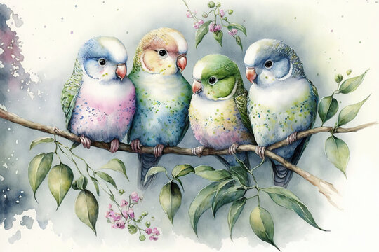 A group of four parakeets sitting on a branch watercolor, Generative AI