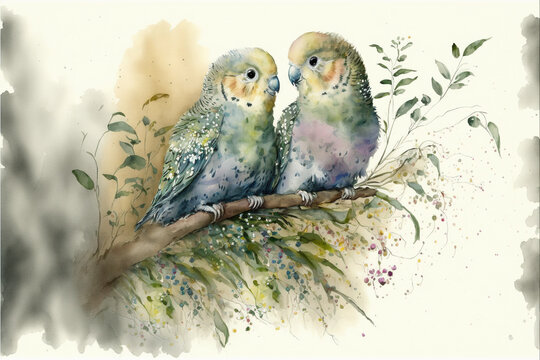 A pair of parakeets sitting on a branch watercolor, Generative AI