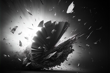 An Intriguing Illustration of an Object Exploding into a Million Pieces, Depicted Through a Grayscale and Cylindrical Design in Space