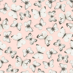 Seamless pattern with white butterflies on pink background.