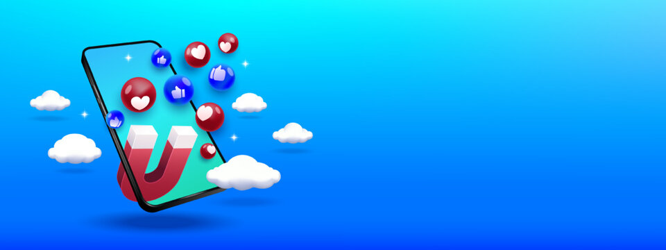 Social media marketing concept. Attracting like and love with a huge magnet.