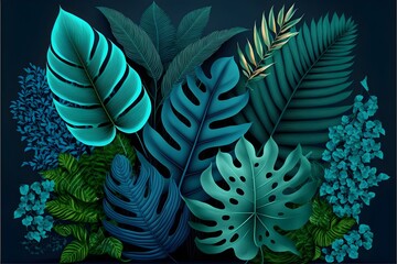 Collection of tropical leaves,foliage plant background. Generative AI.
