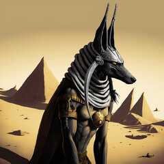Anubis God walk in the desert. Generative AI, Digital illustration