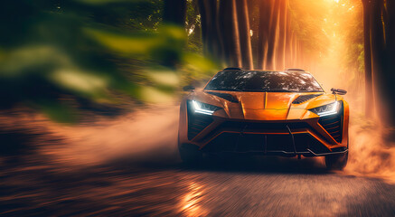 Fototapeta na wymiar elegant orange Car in Road in the jungle, golden hour, modern car. generative AI