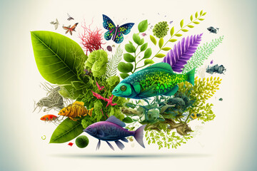 a group of different types of plants and fish representing biodiversity 