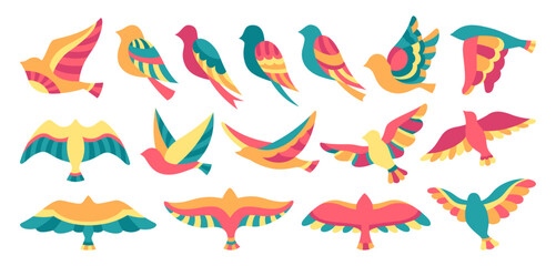 Bird with abstract graphic ornament cartoon set. Hand drawn flat colored modern trendy fowl or sparrow, dove pigeon illustration. Cute colorful various birds comic simple songbirds design element